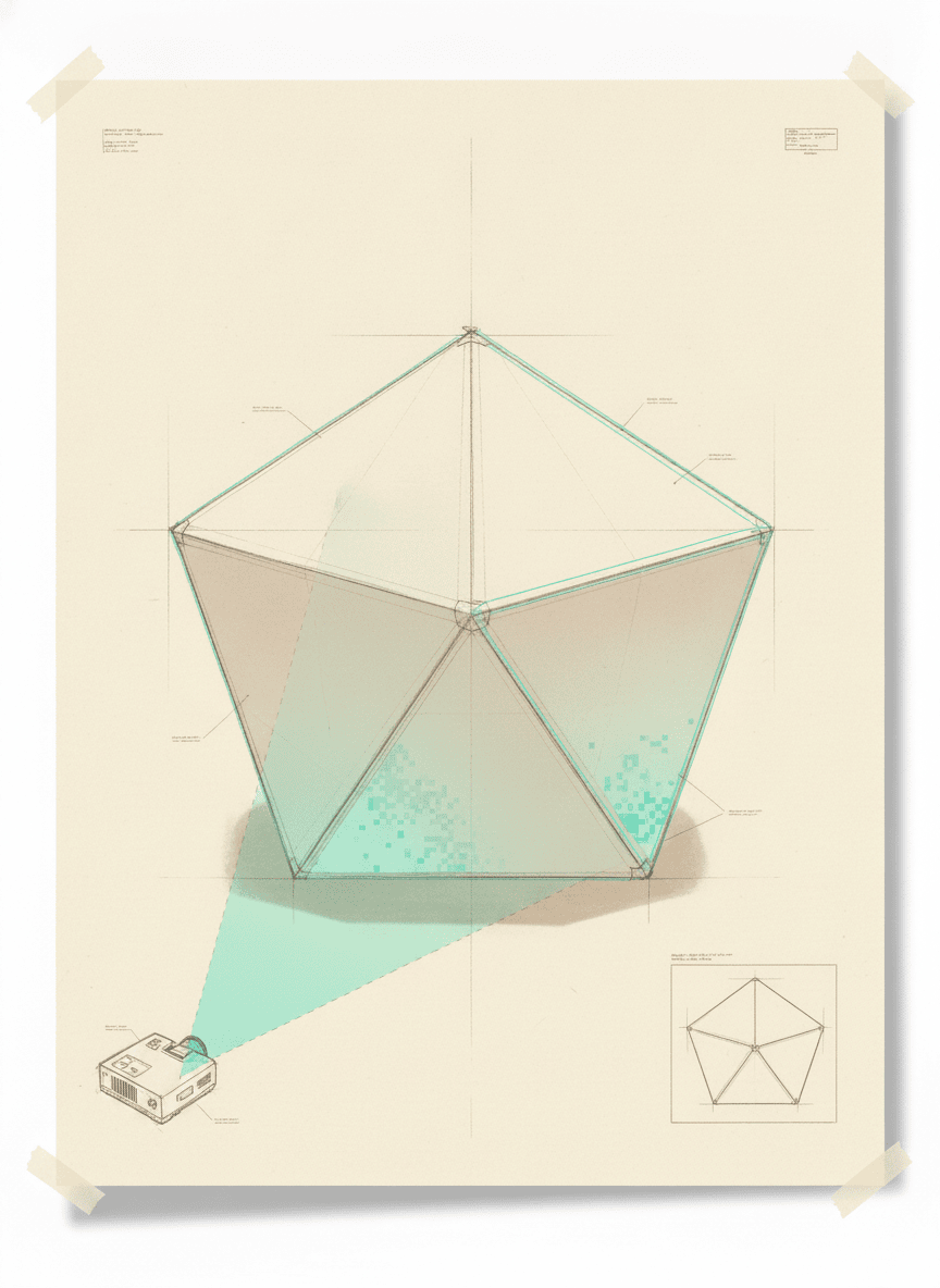 FACET — projection mode: projector mapping teal light onto the white pyramid faces