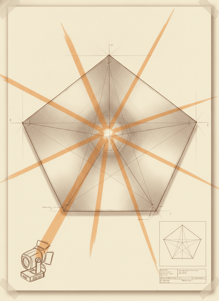 FACET — reflection mode: a moving head fires into the mirrored interior and scatters amber beams across the room