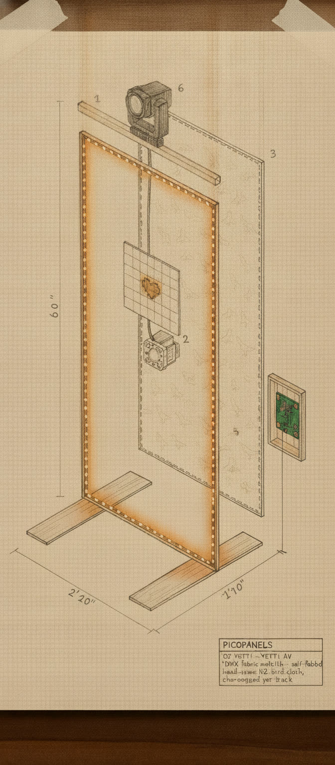 PICOPANELS exploded axonometric engineering drawing of one fabric light panel: NZ-bird fabric skin, perimeter NeoPixel glow, 32x32 matrix, strobe, moving head, ski-feet, exposed PCB