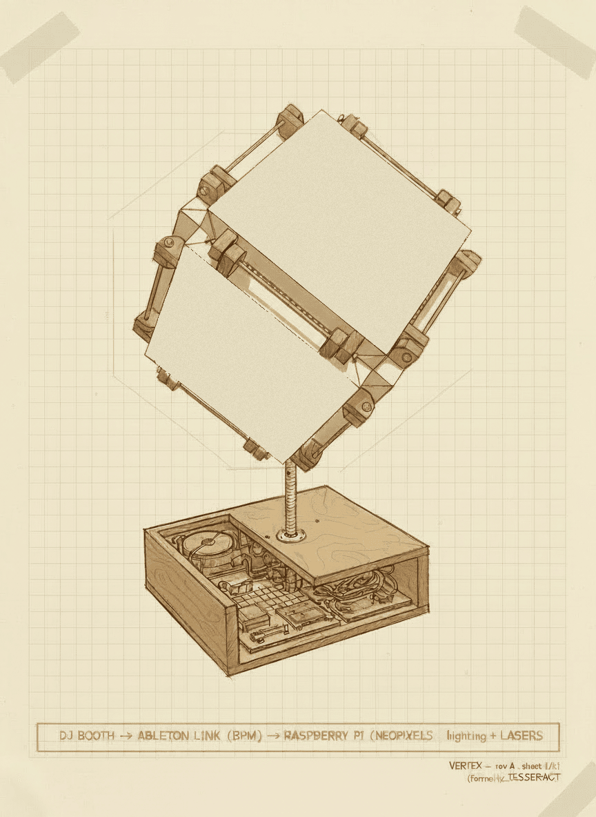 VERTEX exploded axonometric engineering sheet, powered down: a cube balanced point-down on an axle through its space diagonal, wooden corner-block and dowel frame, fabric faces, base opened to show the slip ring, bearings and Raspberry Pi